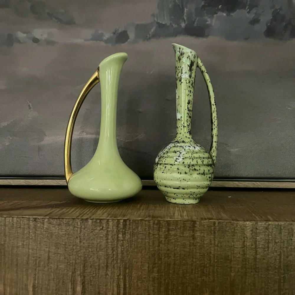 Pair of Vintage Miniature Ceramic Pitcher Vases Green Speckled Pale Yellow Gold